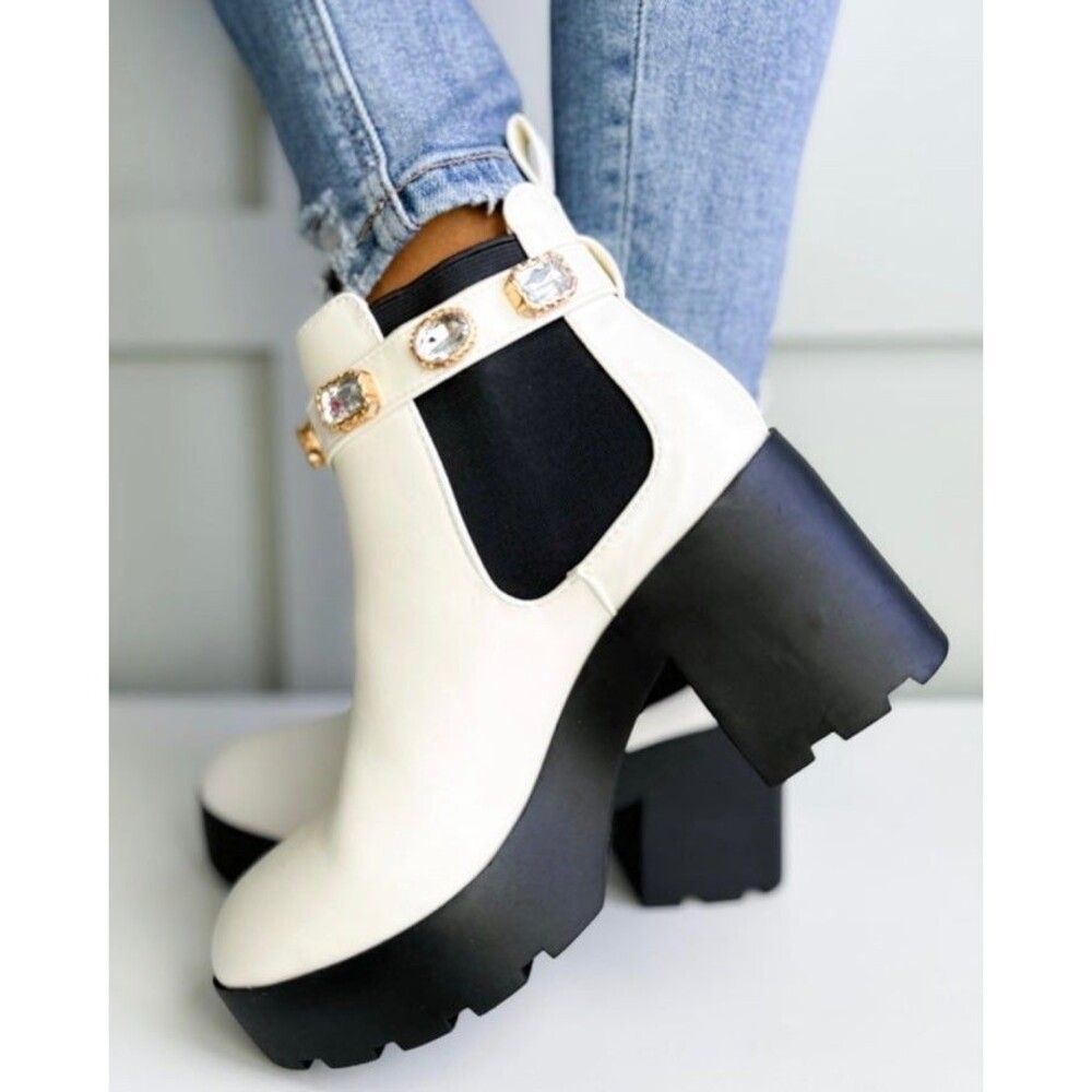 BAMBOO boots platform stacked heel bamboo white boots removable Velcro jewel 8.5 - Picture 2 of 10